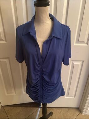 Womens Soft Knit Blue Ruched Front Polo Blouse with Short Sleeves